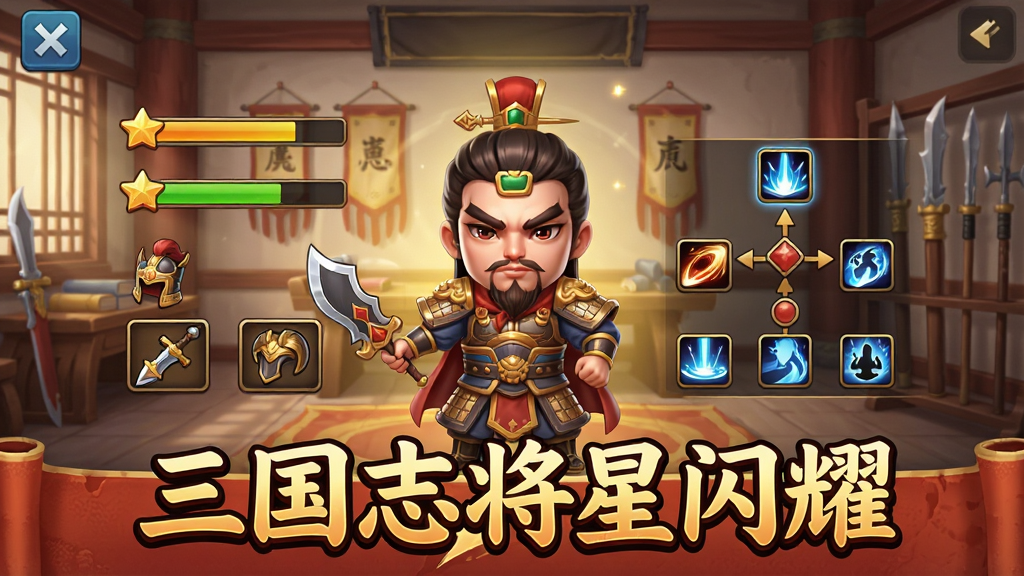 一张展示手机游戏养成系统的界面图,画面中一位三国武将正在升级,周围环绕着经验条、装备图标与技能树,背景是古代书房与兵器架,画面下方有“三国志将星闪耀”的文字标识,整体风格为Q版与写实结合,色彩明亮,排版清晰,画质细腻,无多余元素