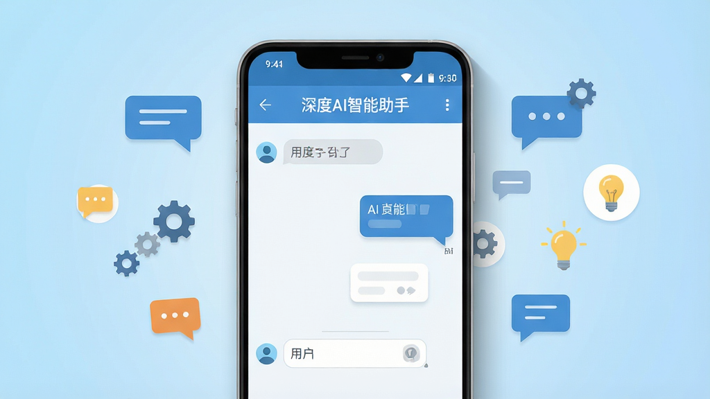 画面中央放置一部安卓手机,手机屏幕显示“深度AI智能助手”聊天界面,左侧是用户输入框,右侧是AI回复气泡,背景为浅蓝色渐变,周围漂浮着对话气泡、齿轮、灯泡等小图标,整体布局简洁对称,风格为扁平化科技风,细节上手机边缘有柔和阴影,界面文字清晰可辨,画质高清,干净,无多余元素