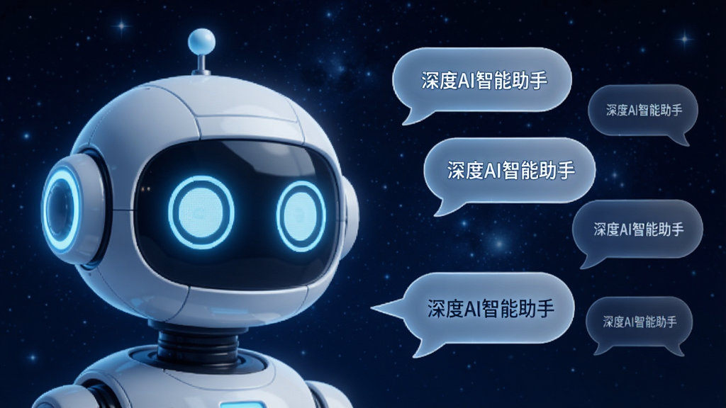 画面主体为一个发光的AI机器人头像,位于中央偏左位置,右侧展开多个对话气泡,气泡内写有“深度AI智能助手”字样,背景是深蓝色星空,布局采用左右分栏,风格为未来科技感,细节上机器人眼睛有淡蓝色光晕,气泡边缘圆润,画质高清,干净,无多余元素