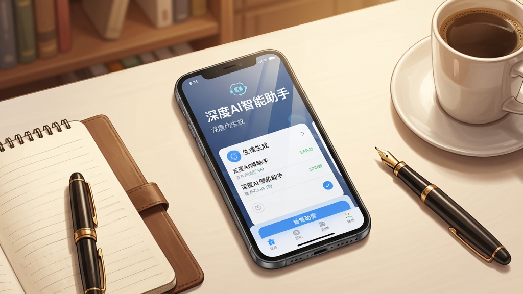画面中央是一张办公桌,桌面上放着一部手机,手机屏幕显示“深度AI智能助手”的文案生成界面,旁边散落着笔记本、钢笔和咖啡杯,背景为暖色调书房,布局采用俯视视角,风格为写实插画风,细节上手机屏幕有轻微反光,文字内容清晰,画质高清,干净,无多余元素