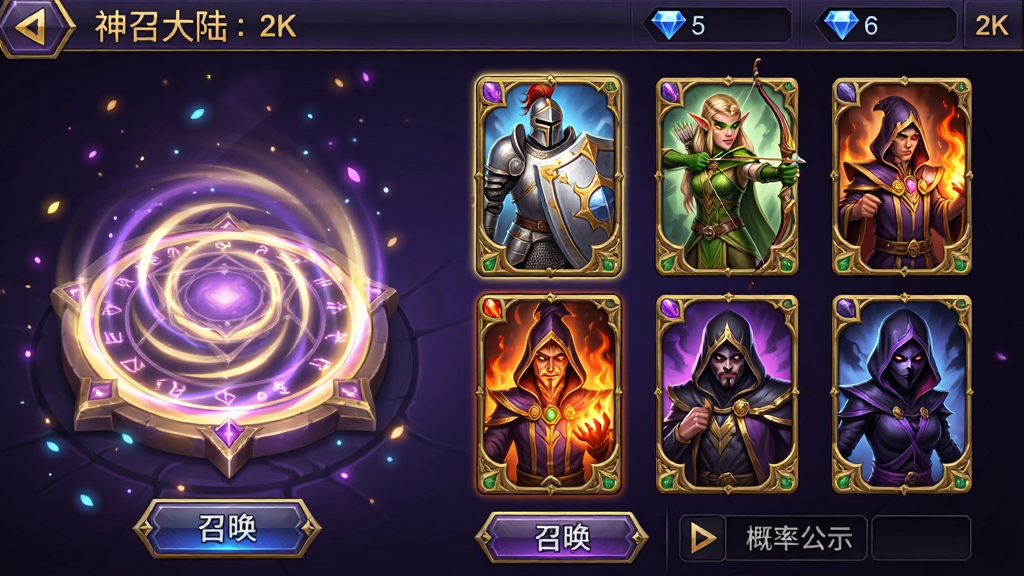 神召大陆游戏内英雄召唤界面截图风格插图,画面左侧为召唤法阵旋转发光,右侧排列六张英雄卡牌,卡牌上分别描绘不同职业角色,包括持盾骑士、精灵弓手、火焰法师与暗影刺客,界面顶部显示
