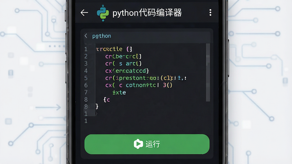 python代码编译器手机应用主界面,居中展示代码编辑区域与运行按钮,上方显示软件名称“python代码编译器”,整体布局简洁清晰,风格为科技感扁平化设计,细节包含代码高亮、绿色运行图标、深色背景,画质高清,干净,无多余元素