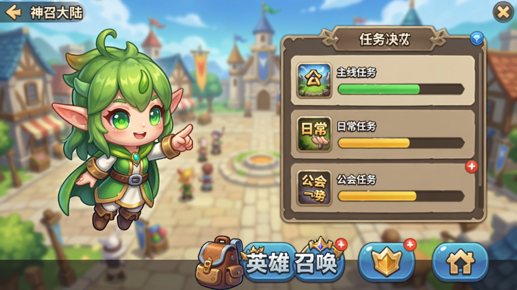 神召大陆新手引导界面插图,画面展示一位Q版向导精灵悬浮在屏幕左侧,手指向右侧的任务追踪面板,面板上列出主线任务、日常任务与公会任务条目,背景为游戏主城广场的模糊虚化场景,界面底部排列着背包、英雄、召唤、公会四个功能按钮,整体布局为竖版手机屏幕比例,风格为清新明快的奇幻卡通,细节包含按钮圆角高光、任务进度条与小红点提示,画质为2K高清,干净无多余元素
