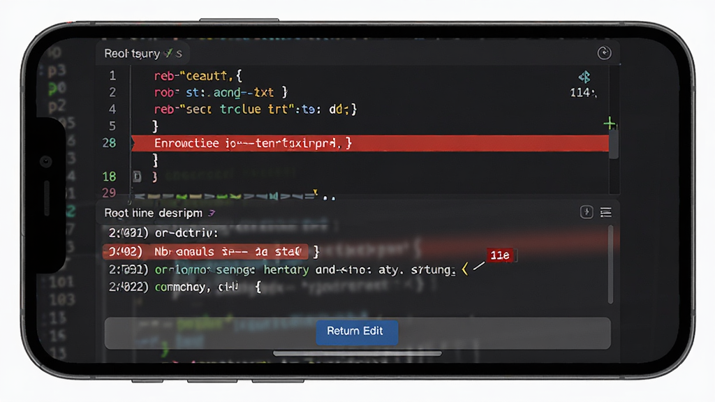python代码编译器错误提示界面,主体为手机屏幕显示红色错误信息与行号标记,布局为代码区与提示区上下排列,风格为清晰直观的工具类界面,细节包含高亮错误行、错误描述文字、返回编辑按钮,画质高清,干净,无多余元素
