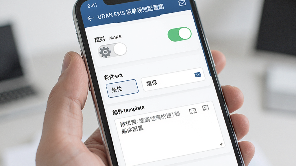 UDAN EMS 返单规则配置界面展示在手机屏幕上,画面包含规则开关、条件选择器与邮件模板编辑框,布局为纵向列表,风格偏向商务办公,细节有齿轮图标与邮件图标,画质高清,干净,无多余元素