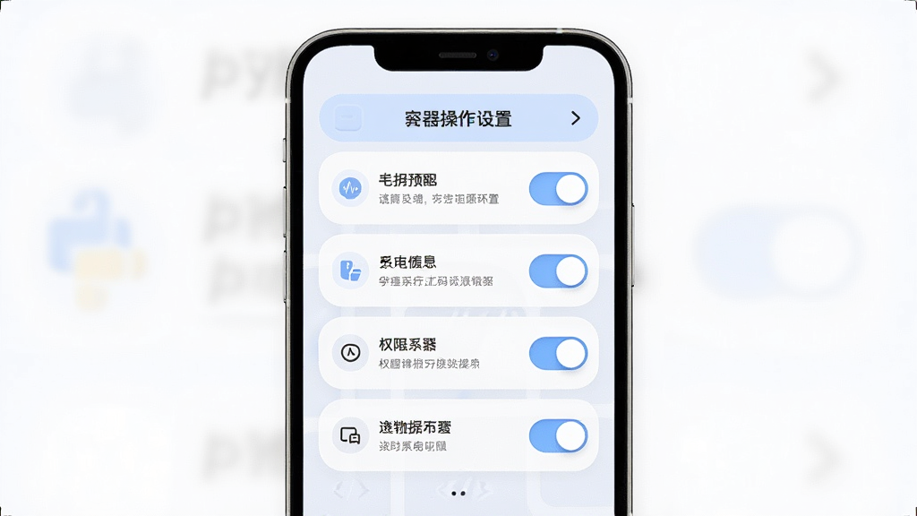 python代码编译器新手操作提示界面,主体为手机屏幕显示设置菜单与权限开关,布局为纵向选项列表,风格为柔和圆角浅色设计,细节包含权限图标、开关按钮、提示文字,画质高清,干净,无多余元素