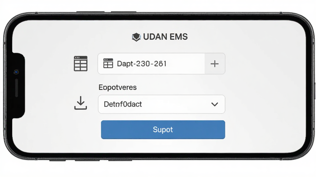 手机屏幕显示 UDAN EMS 的运单明细导出页面,画面中有日期选择器、导出格式选项与导出按钮,背景为浅灰色,布局居中,风格简约实用,细节包含表格图标与下载箭头,画质高清,干净,无多余元素