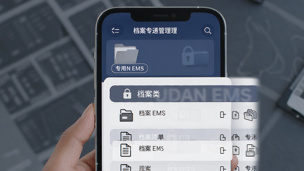 UDAN EMS 档案专递管理界面在手机屏幕上展示,画面中有档案图标与专用标签,运单列表按档案类单独分组,布局清晰,风格正式稳重,细节包含锁形图标与文件图标,画质高清,干净,无多余元素