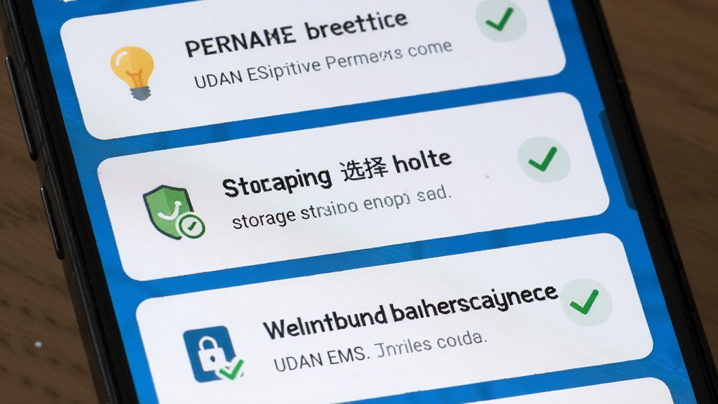 一部安卓手机展示 UDAN EMS 的使用技巧提示页面,画面中有多个提示卡片,包含权限设置、存储选择与后台管理图标,布局为纵向滚动列表,风格友好亲切,细节有灯泡图标与对勾图标,画质高清,干净,无多余元素