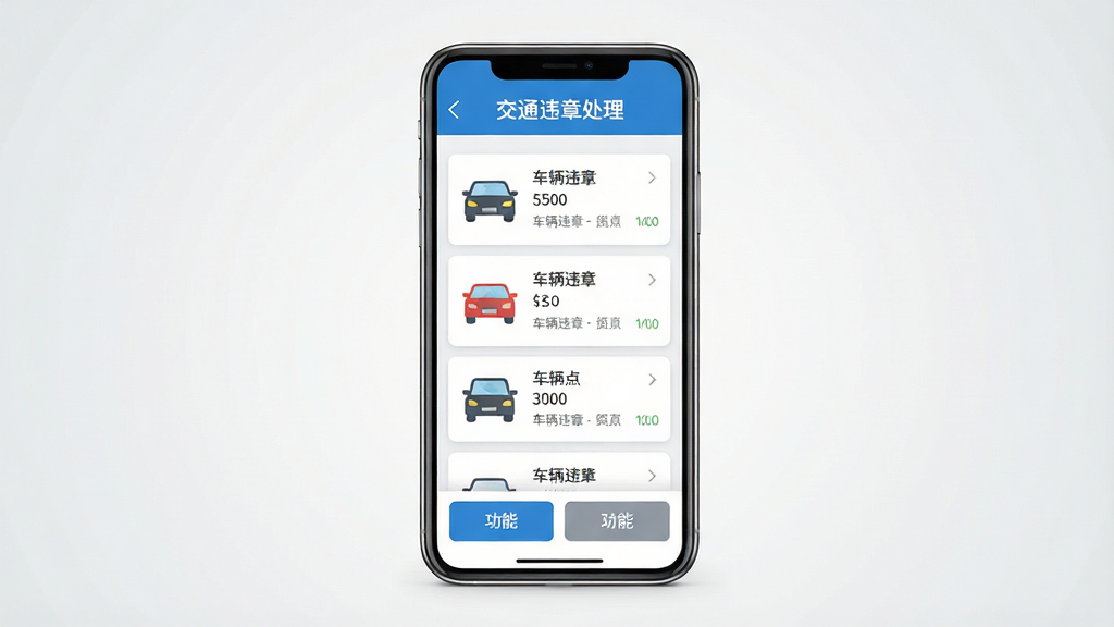 一张手机应用界面展示图,画面中央是一部竖屏智能手机,屏幕内显示交通违章处理应用的主页面,页面顶部为蓝色标题栏写着交通违章处理,中部为车辆违章记录卡片列表,下方为功能按钮区域,背景为干净的浅灰色渐变,整体风格为现代扁平化UI设计,细节清晰,画质干净,无多余元素
