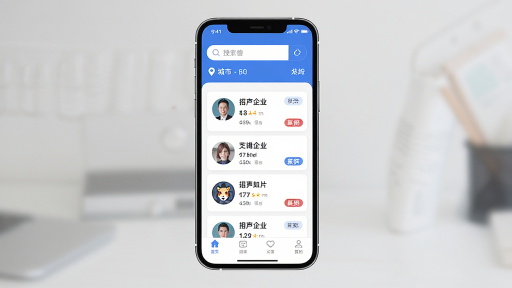 ��Ƹ��APP������չʾ��������һ�����������ֻ�����Ļ������ʾ��Ƹ��Ӧ����ҳ�������Ϸ�Ϊ����������ж�λ���в�Ϊְλ��Ƭ�б����ײ�Ϊ���������Ű��࣬���Ϊ�ִ���ƽ���ƶ�Ӧ��UI��ϸ�ڰ�����ɫ��ɫ������ɫ��Ƭ��Բ����ҵͷ��н�ʱ�ǩ�����ʸ��壬����ɾ����޶���Ԫ��