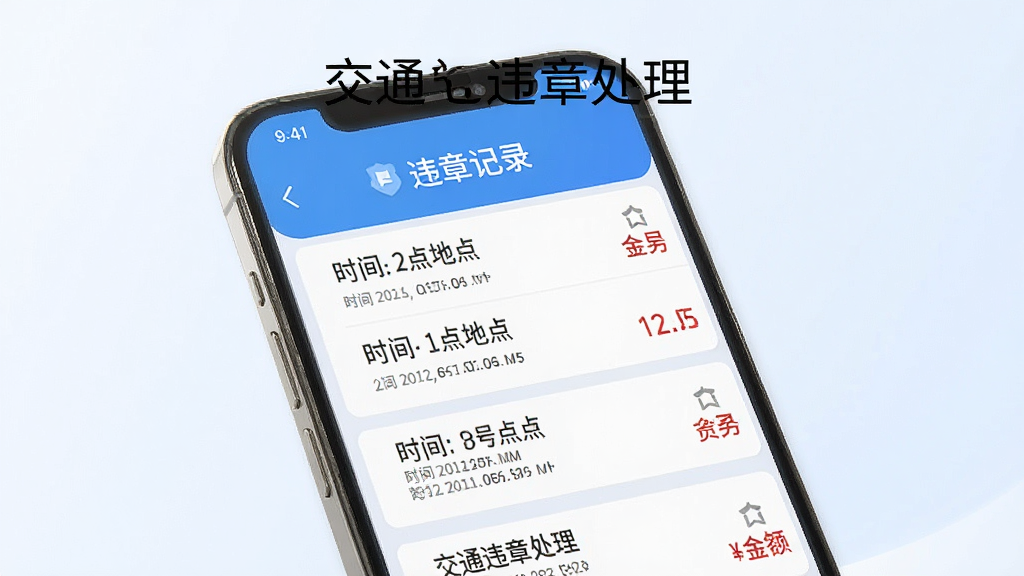 一张交通违章处理应用功能展示图,画面中展示一部手机屏幕,屏幕内呈现违章记录列表界面,每条记录包含时间地点和罚款金额,界面采用卡片式布局,配色以蓝白为主,背景为简洁的浅色渐变,整体风格清爽干净,画质清晰,无多余元素,画面中可出现文字交通违章处理