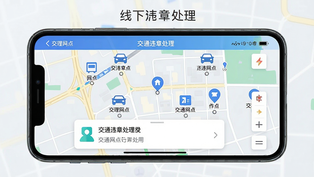 一张交通违章处理应用线下网点导航功能展示图,画面中一部手机横屏显示地图界面,地图上标注多个办理网点图标,屏幕下方弹出网点信息卡片,整体风格为现代地图导航UI,配色清爽,画质干净,无多余元素,画面中可出现文字交通违章处理