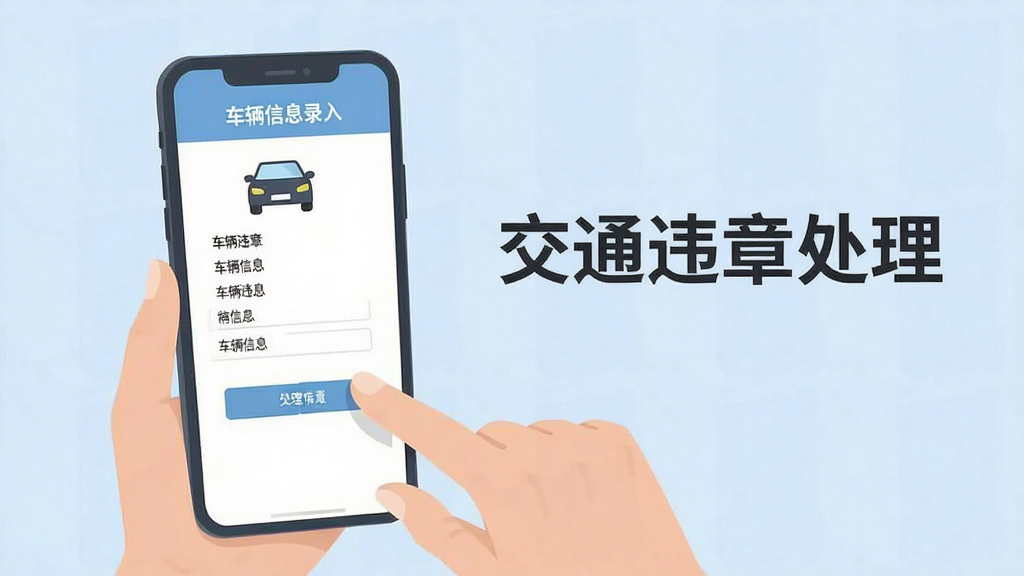 一张交通违章处理应用操作教程示意图,画面中展示一部手机和一只手正在点击屏幕,屏幕内显示车辆信息录入界面,界面元素清晰,背景为柔和的浅蓝色,整体风格为扁平化插画风,画质干净,无多余元素,画面中可出现文字交通违章处理