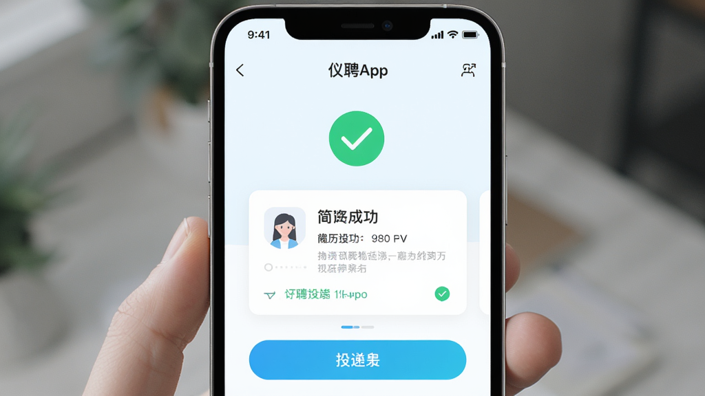 主体为仪聘APP的简历投递成功界面,布局为手机屏幕特写,排版为居中展示,风格为清新浅色系UI设计,细节包括屏幕内绿色的成功对勾图标、简历卡片和投递按钮,画质为高清、干净、无多余元素
