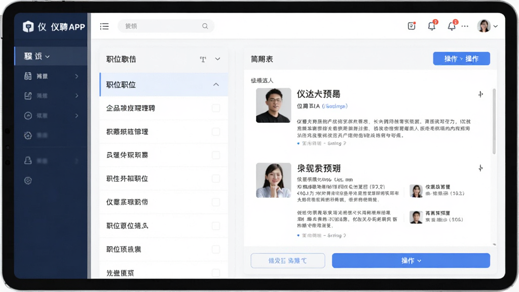 主体为仪聘APP的企业招聘管理后台界面,布局为平板电脑横向展示,排版为左右分栏,风格为现代商务扁平化,细节包括左侧职位列表、右侧候选人简历预览和操作按钮,画质为高清、干净、无多余元素