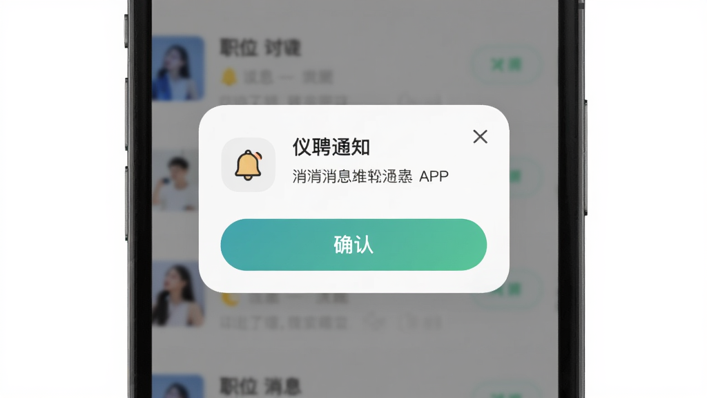 主体为仪聘APP的消息通知弹窗,布局为手机屏幕中央,排版为弹窗居中,风格为柔和圆角设计,细节包括弹窗内的铃铛图标、消息文字和确认按钮,背景为模糊的职位列表,画质为高清、干净、无多余元素