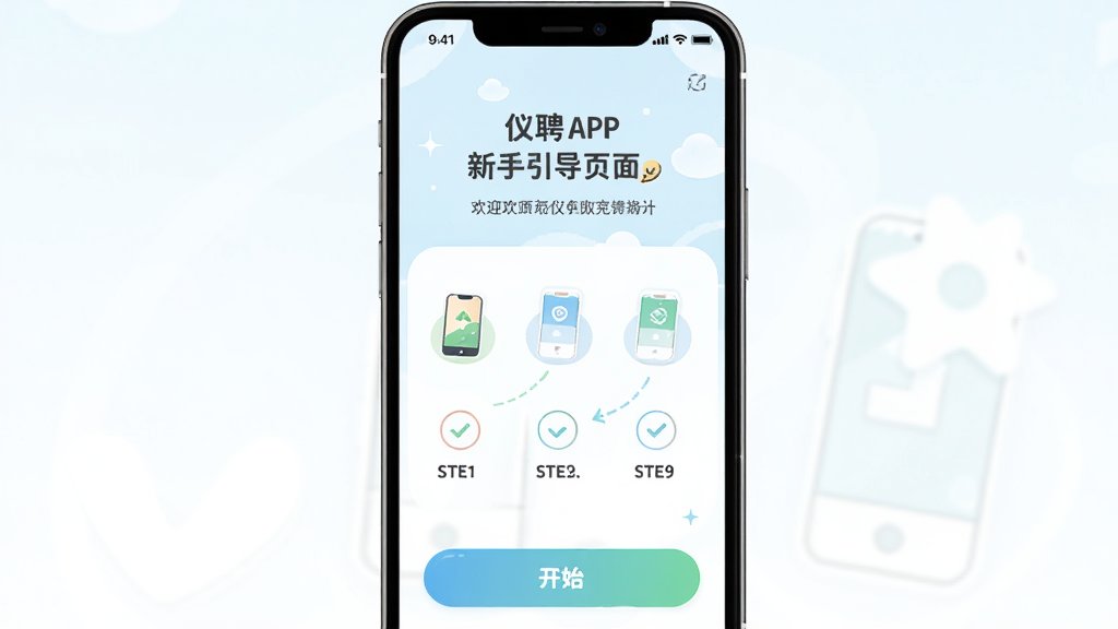 主体为仪聘APP的新手引导页面,布局为手机屏幕竖版展示,排版为上下结构,风格为清新浅色插画风,细节包括页面顶部的欢迎文字、中间的步骤图示和底部的开始按钮,画质为高清、干净、无多余元素