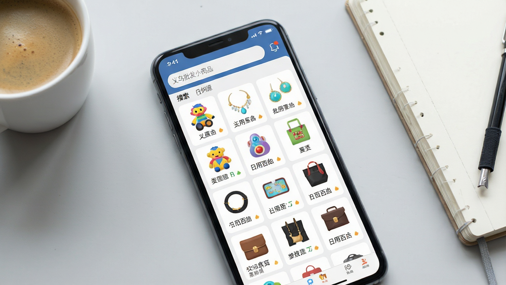 一张展示义乌批发小商品APP首页界面的图片,主体是智能手机屏幕,屏幕内显示分类清晰的商品网格,包含玩具、饰品、日用百货等图标,布局采用上下结构,上方是搜索栏,下方是商品瀑布流,排版整齐有序,风格为现代扁平化商务风,细节上手机放置在浅灰色桌面上,旁边有一杯咖啡和一本笔记本,画质清晰明亮,干净无多余元素,图中文字标注“义乌批发小商品”和“一手货源”