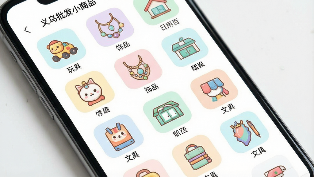 一张展示义乌批发小商品APP分类页面的图片,主体是手机屏幕特写,屏幕内展示丰富的商品分类图标,如“玩具”、“饰品”、“日用百货”、“文具”等,布局采用两列或三列网格排列,排版清晰,风格为清新浅色系,细节上图标设计圆润可爱,背景为纯白色,画质高清,干净无多余元素,图中文字标注“义乌批发小商品”和“全品类覆盖”