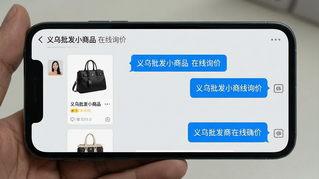 一张展示义乌批发小商品APP聊天询价界面的图片,主体是手机屏幕,屏幕内显示与供应商的聊天对话框,左侧是商品卡片,右侧是文字气泡,布局为上下结构,排版简洁,风格为现代简约风,细节上聊天背景为浅灰色,气泡颜色为蓝色和白色,画质清晰,干净无多余元素,图中文字标注“义乌批发小商品”和“在线询价”