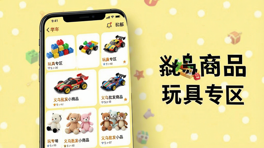 一张展示义乌批发小商品APP玩具分类页面的图片,主体是手机屏幕,屏幕内展示各种玩具商品列表,如积木、遥控车、毛绒玩具,布局为垂直列表,排版整齐,风格为活泼明亮风,细节上商品图片色彩鲜艳,背景为浅黄色,画质高清,干净无多余元素,图中文字标注“义乌批发小商品”和“玩具专区”