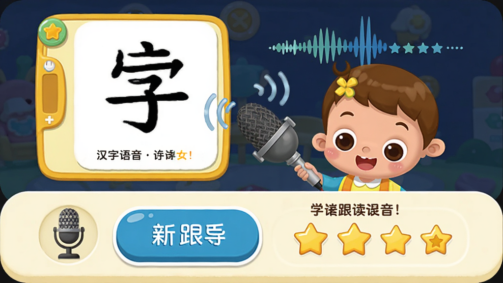宝宝巴士汉字语音跟读功能界面图,画面展示卡通儿童对着麦克风跟读汉字,屏幕上有声波反馈和评分星星,布局为上下结构,上方是汉字卡片,下方是跟读按钮和评分区域,风格为清新卡通风格,细节包括麦克风图标、声波动画和鼓励文字,画质高清,画面干净,无多余元素