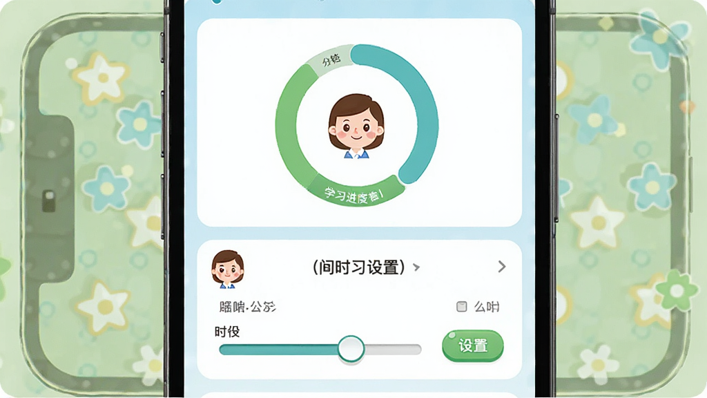 宝宝巴士汉字家长管理功能界面图,画面展示手机屏幕上的学习报告图表和时长设置滑块,布局为上下分区,上方是学习进度环形图,下方是时间设置选项,风格为简洁现代的儿童教育应用界面,细节包括卡通家长头像、进度条和设置按钮,画质高清,画面干净,无多余元素