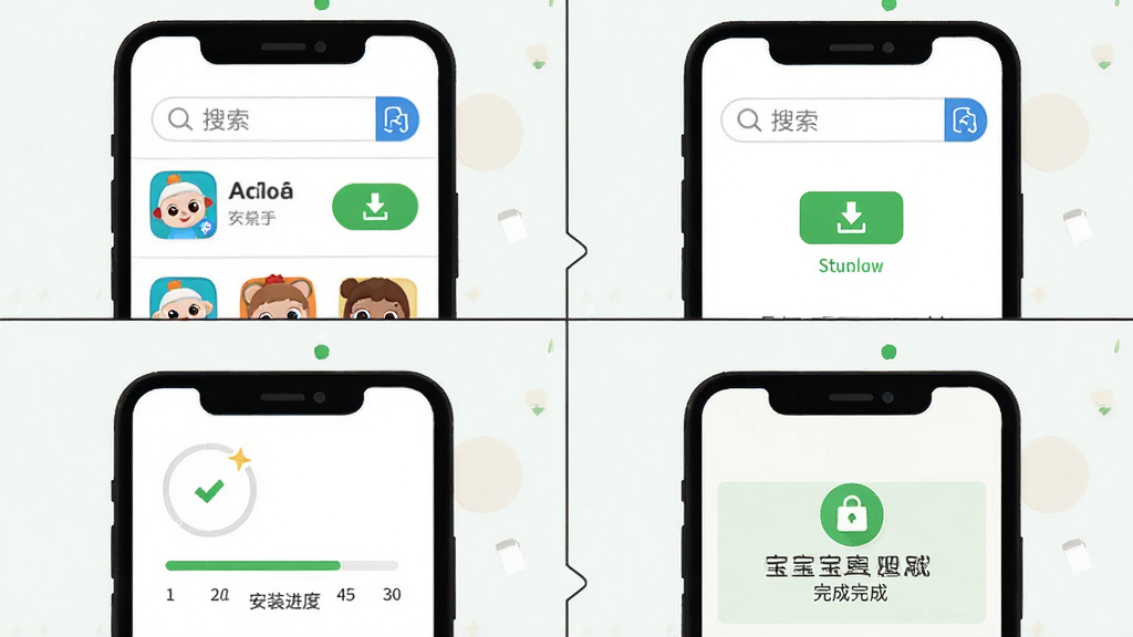 宝宝巴士汉字移动端安装步骤示意图,画面展示手机屏幕上从应用商店搜索到安装完成的流程,布局为四格分镜,排版清晰,风格为简洁扁平化教程插画,细节包括搜索框、下载按钮、安装进度条和完成提示,画质高清,画面干净,无多余元素