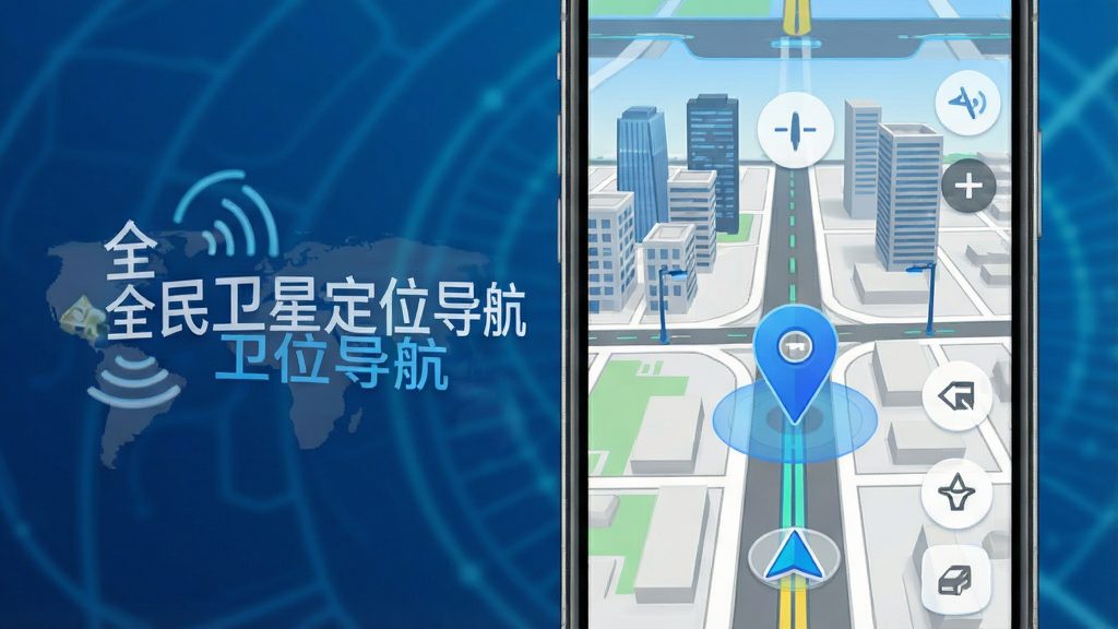 一张手机屏幕展示地图导航界面,蓝色定位光标位于城市道路中央,周围有建筑和街道,画面左侧显示“全民卫星定位导航”字样,整体风格简洁明亮,科技感十足,画质清晰,干净无多余元素