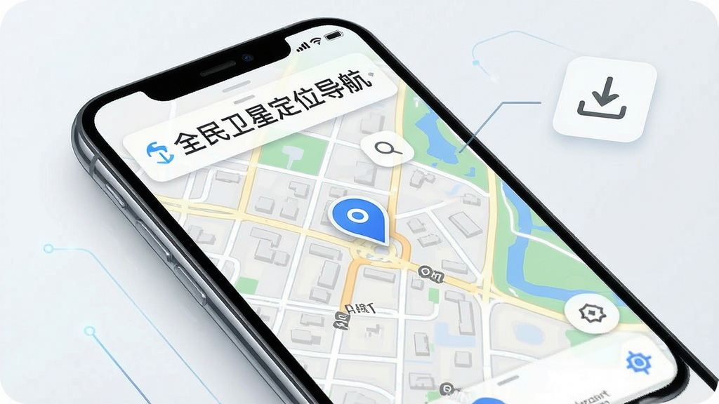 一张展示手机地图界面的图片,屏幕上有“全民卫星定位导航”字样,地图显示城市街道和定位图标,旁边有下载箭头图标表示离线地图功能,风格简洁科技感,画质清晰干净