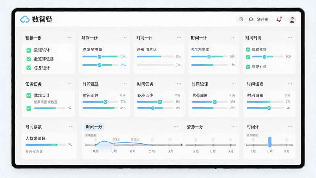 一幅“数智链”任务流程追踪功能的AI生图,主体为一块数字化任务看板,布局为网格状排列,排版整齐,风格为清新浅色系,细节包含勾选标记、进度条、时间轴,画质清晰,干净,无多余元素。