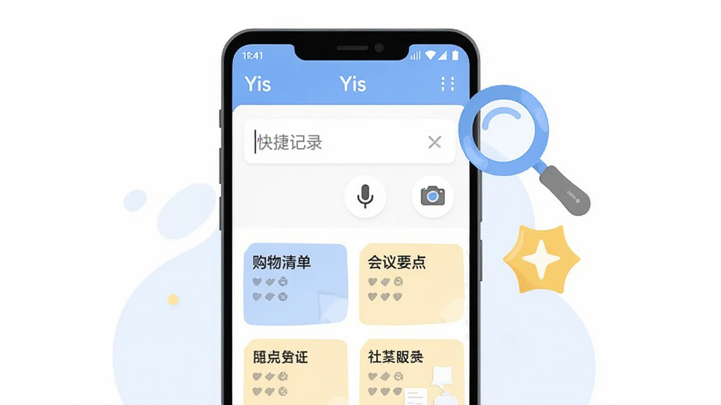 画面中央一部安卓手机,手机屏幕显示“Yis”软件的快捷记录面板,面板中有文字输入框、语音图标和相机图标,下方展示已保存的几条记录卡片,卡片上有“购物清单”“会议要点”等文字;手机旁边漂浮着一个放大镜图标和一个星标图标,风格为扁平化插画,以白色、浅蓝色和淡黄色为主色调,背景干净简洁,画质清晰,无多余元素