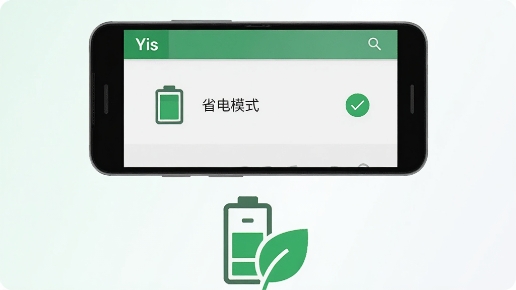 画面中央一部安卓手机,手机屏幕显示“Yis”软件的电池优化设置界面,界面中有电池图标和“省电模式”文字,旁边有一个绿色的对勾图标表示优化完成;手机下方漂浮着电池和绿叶的扁平化图标,整体风格为简约科技风,以绿色、白色和浅灰色为主色调,背景为干净的浅色渐变,画质清晰,无多余元素