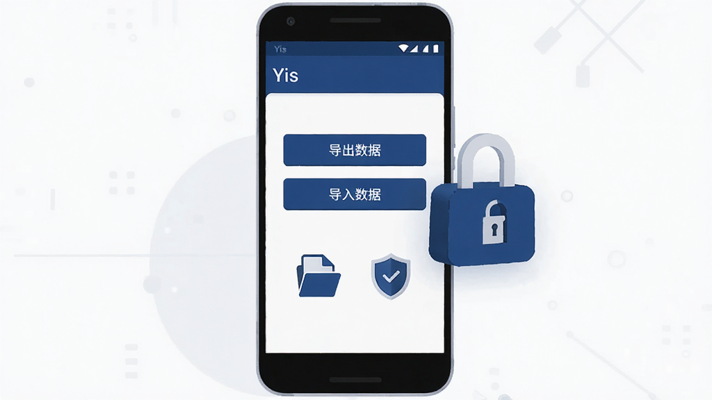 画面中央一部安卓手机,手机屏幕显示“Yis”软件的数据备份界面,界面中有“导出数据”和“导入数据”两个按钮,下方有文件图标和盾牌图标;手机旁边漂浮着一个锁形图标,代表安全保护,整体风格为扁平化科技插画,以深蓝色、白色和浅灰色为主色调,背景干净简洁,画质高清,无多余元素