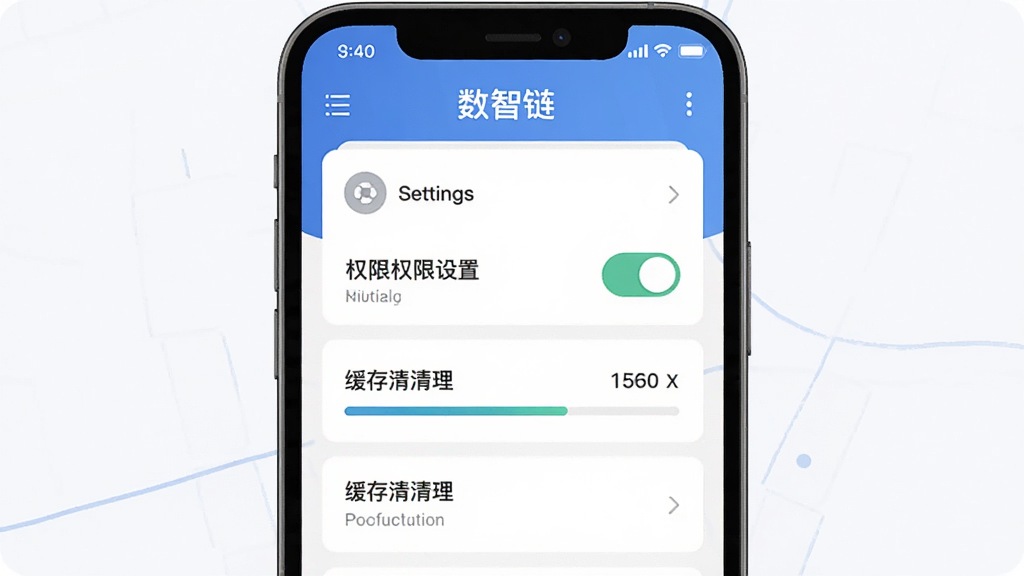 一幅“数智链”移动端使用指南的AI生图,主体为一部手机展示权限设置与缓存清理界面,布局为纵向排列,排版清晰,风格为简约扁平化,细节包含设置图标、开关按钮、进度条,画质高清,干净,无多余元素。