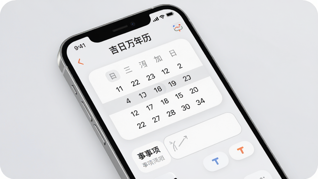 一张展示吉日万年历日程管理功能的图片,画面中手机屏幕显示着“吉日万年历”的日程添加界面,有日期选择器和事项输入框,界面布局合理,背景是柔和的浅灰色,风格为柔和圆角,细节精致,画质清晰干净,无多余元素。