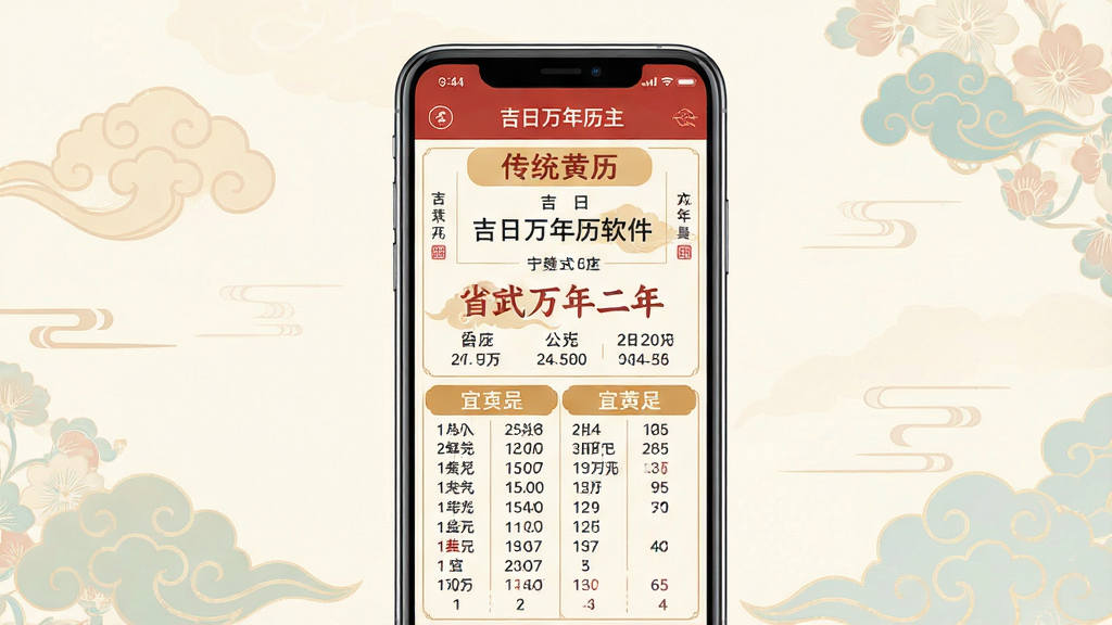 一张展示吉日万年历软件主界面的图片,画面中央是手机屏幕,屏幕内显示着清晰的传统黄历日期信息,包含农历、公历、宜忌事项等,背景是柔和的中国风元素,如祥云和淡雅的花纹,整体布局简洁大方,风格为现代扁平化设计,细节精致,画质清晰干净,无多余元素。