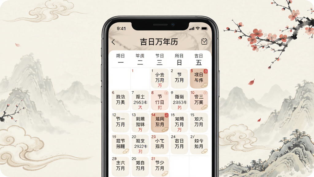 一张展示吉日万年历农历节气提醒功能的图片,画面中手机屏幕显示着“吉日万年历”的日历视图,日历上标注了节气名称和农历日期,背景是淡雅的中国风图案,风格为素雅极简,细节清晰,画质干净,无多余元素。