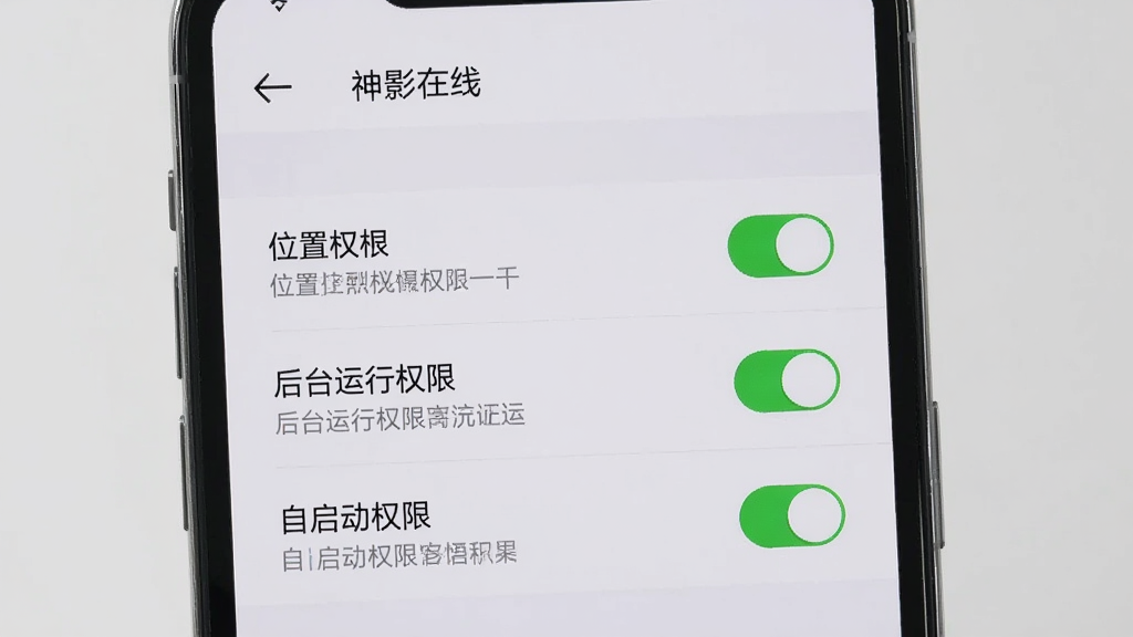 主体为手机屏幕显示“神影在线”权限设置界面,界面中位置权限、后台运行权限、自启动权限均处于开启状态;布局为手机竖屏展示,背景为浅灰色;排版清晰,权限列表逐项排列;风格为简洁系统设置风格;细节包括权限开关按钮、文字说明、返回箭头;画质清晰,干净,无多余元素。