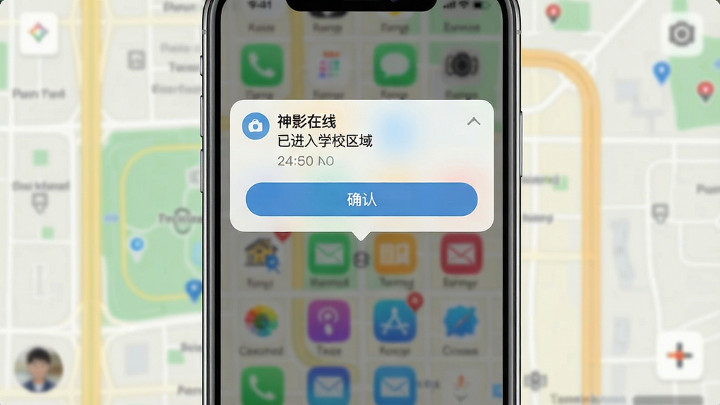 主体为手机通知界面,屏幕上方弹出“神影在线”安全区域提醒通知,内容显示“已进入学校区域”;布局为手机竖屏展示,背景为模糊地图;排版简洁,通知卡片位于屏幕中央偏上;风格为清新扁平化设计;细节包括通知图标、时间戳、确认按钮;画质清晰,干净,无多余元素。