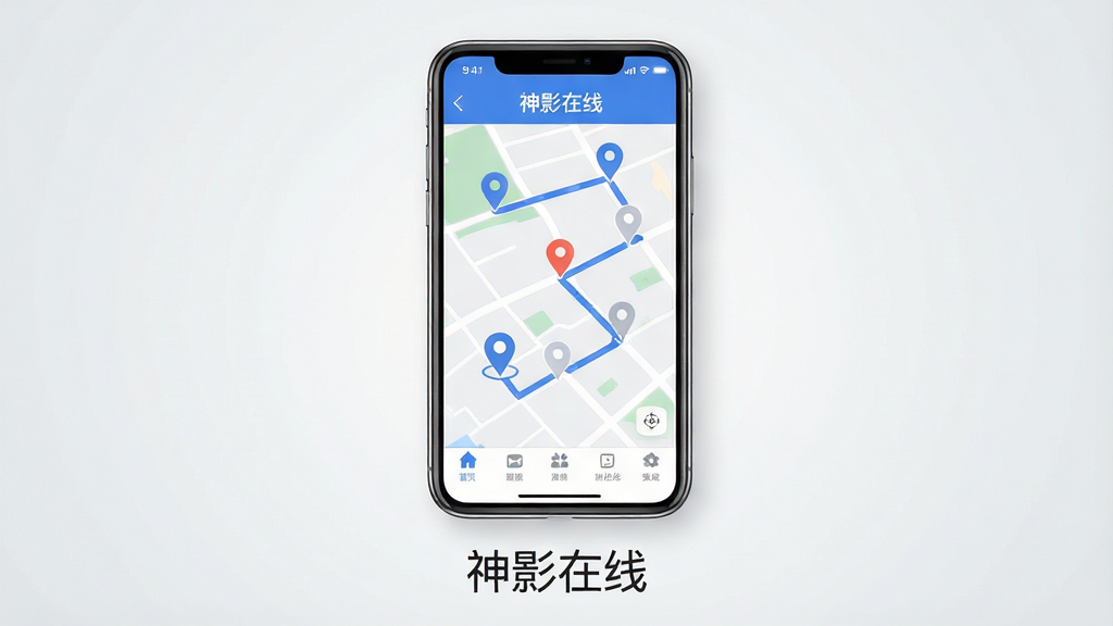 主体为一部智能手机屏幕,屏幕中显示“神影在线”应用界面,界面包含地图、定位图标与轨迹线;布局为手机居中放置,背景为浅灰色渐变;排版简洁,手机下方有“神影在线”文字标识;风格为扁平化科技感UI风格;细节包括地图上的多个定位标记点、蓝色轨迹路径、底部导航栏图标;画质清晰,干净,无多余元素。
