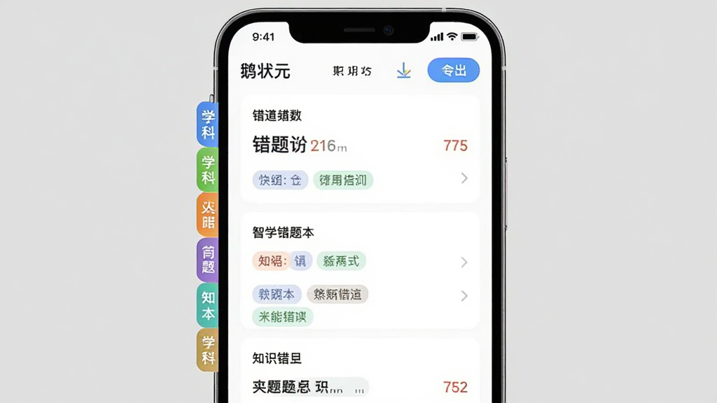 鹅状元App的智能错题本功能界面截图,主体为手机屏幕显示错题列表,左侧有学科分类标签,右侧有导出按钮,布局居中对齐,风格清新简约,细节包含错题数量统计和知识点标签,画质清晰,干净无多余元素。