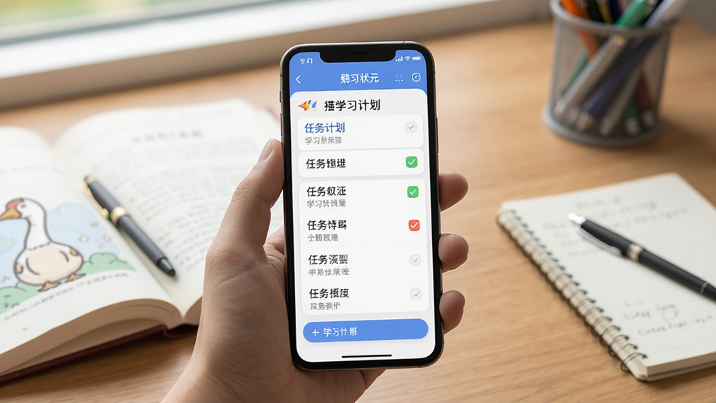 鹅状元App在手机上的操作界面展示,画面中一只手拿着手机,屏幕显示学习计划页面,背景为书桌场景,有书本和文具,布局自然,风格生活化,细节包括界面上的任务勾选状态,画质清晰,干净无多余元素。