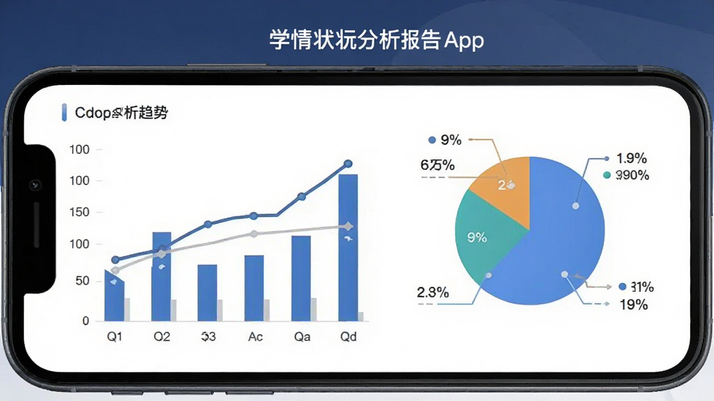 鹅状元App的学情分析报告页面,画面展示手机屏幕上的柱状图与饼状图,数据标签清晰可见,布局以图表为中心,风格商务简洁,细节包括趋势线和数据说明文字,画质高清,干净无多余元素。