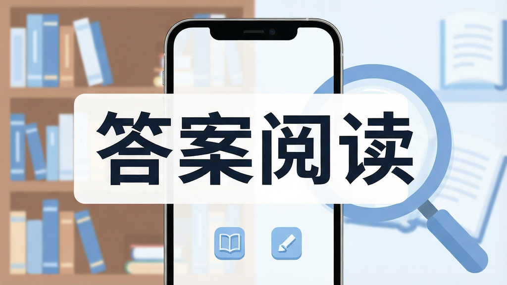 一张展示答案阅读软件主界面的图片,主体为手机屏幕,屏幕上显示答案阅读四个大字,背景为书架与放大镜元素,布局居中,排版简洁,风格为清新扁平化教育风,细节包括柔和的蓝白色调、简约图标、文字清晰可见,画质高清干净无多余元素
