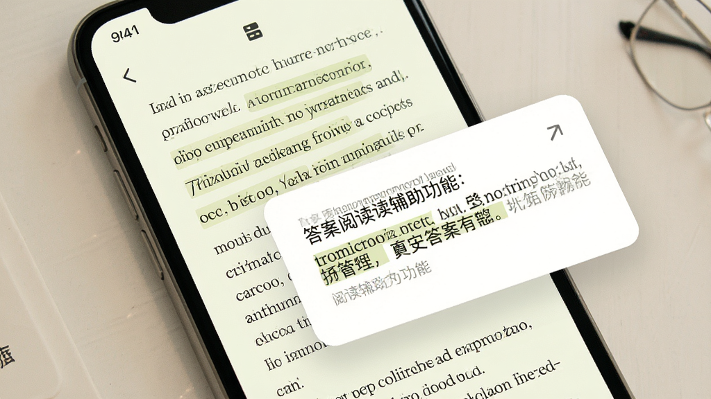 一张展示答案阅读阅读辅助功能的图片,主体为手机屏幕显示文章与弹出解释框,布局为上下结构,排版清晰,风格为简约阅读风,细节包括护眼背景色、高亮文字、弹出卡片,画质高清干净无多余元素