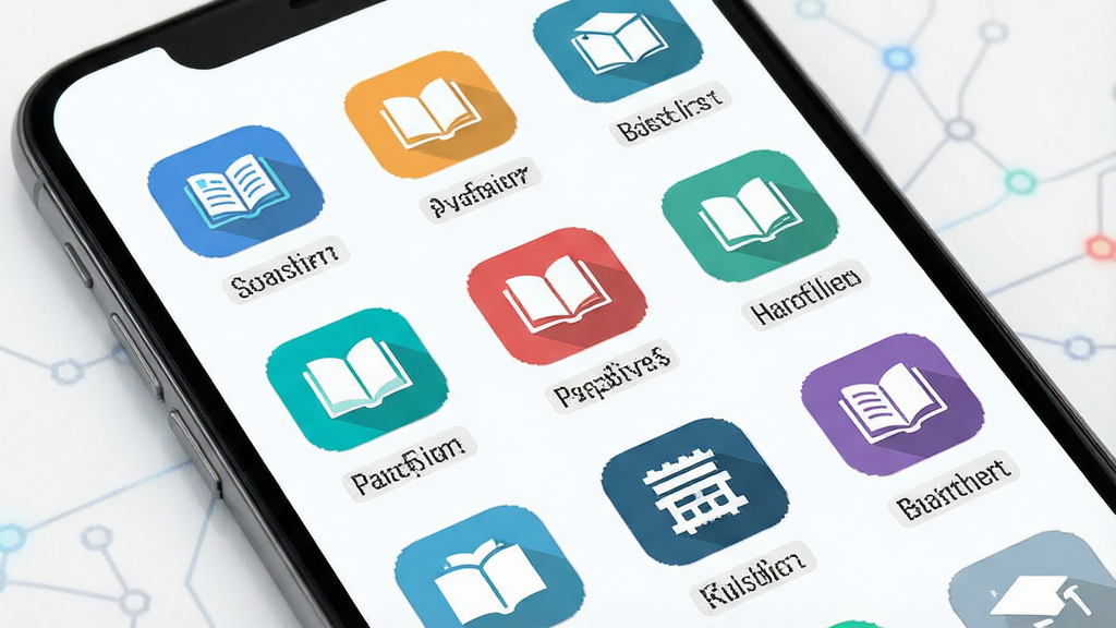 一张展示答案阅读题库分类的图片,主体为手机屏幕显示多个学科图标,布局为网格排列,排版整齐,风格为现代教育科技风,细节包括彩色图标、白色背景、文字标签清晰,画质高清干净无多余元素