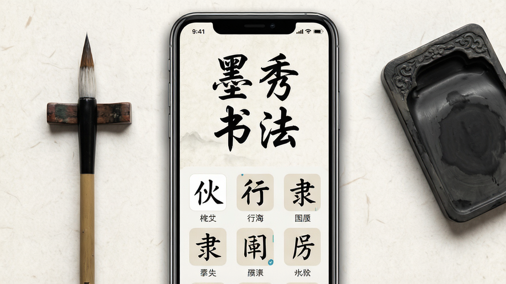 一张展示墨秀书法软件主界面的手机应用截图风格图片,画面中央是一部竖屏智能手机,手机屏幕上显示着墨秀书法的中国风界面,背景是淡雅的宣纸纹理,界面上有“墨秀书法”四个毛笔字标题,下方排列着楷书、行书、隶书等字帖分类图标,手机周围散落着一支毛笔和一方砚台,整体布局居中对称,风格为中国传统水墨风,细节上手机边框有轻微阴影,屏幕内文字清晰可辨,画质高清,干净整洁,无多余元素
