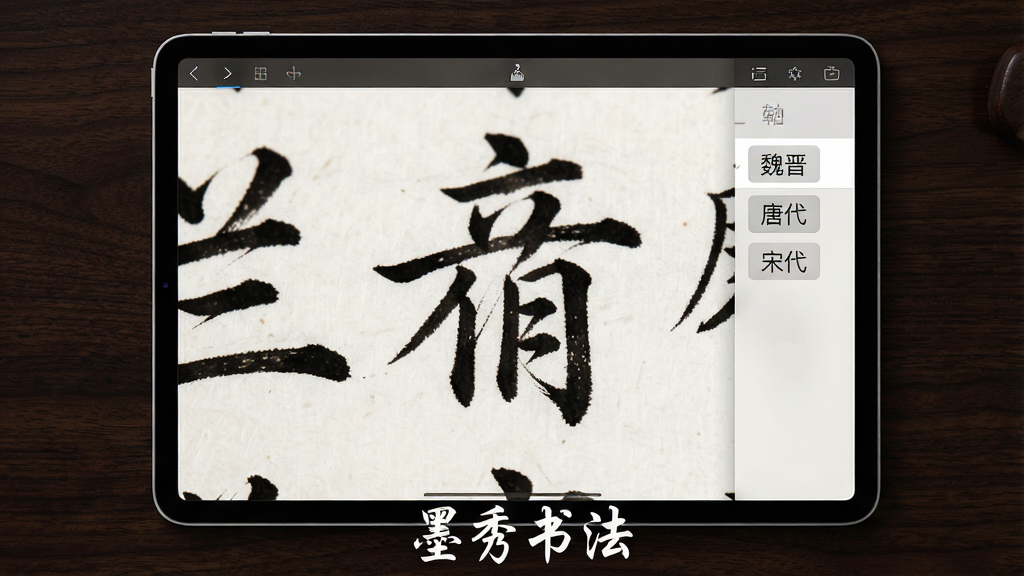 一幅展示墨秀书法软件内碑帖浏览界面的图片,画面主体是一部横向放置的平板电脑,屏幕上显示着王羲之《兰亭序》的高清局部放大图,画面右侧有朝代筛选侧边栏,标注着“魏晋”“唐代”“宋代”等标签,平板电脑下方用毛笔字写着“墨秀书法”水印,背景是深色木质桌面,风格为古典雅致,细节上碑帖笔画纹理清晰,画质高清,干净整洁,无多余元素